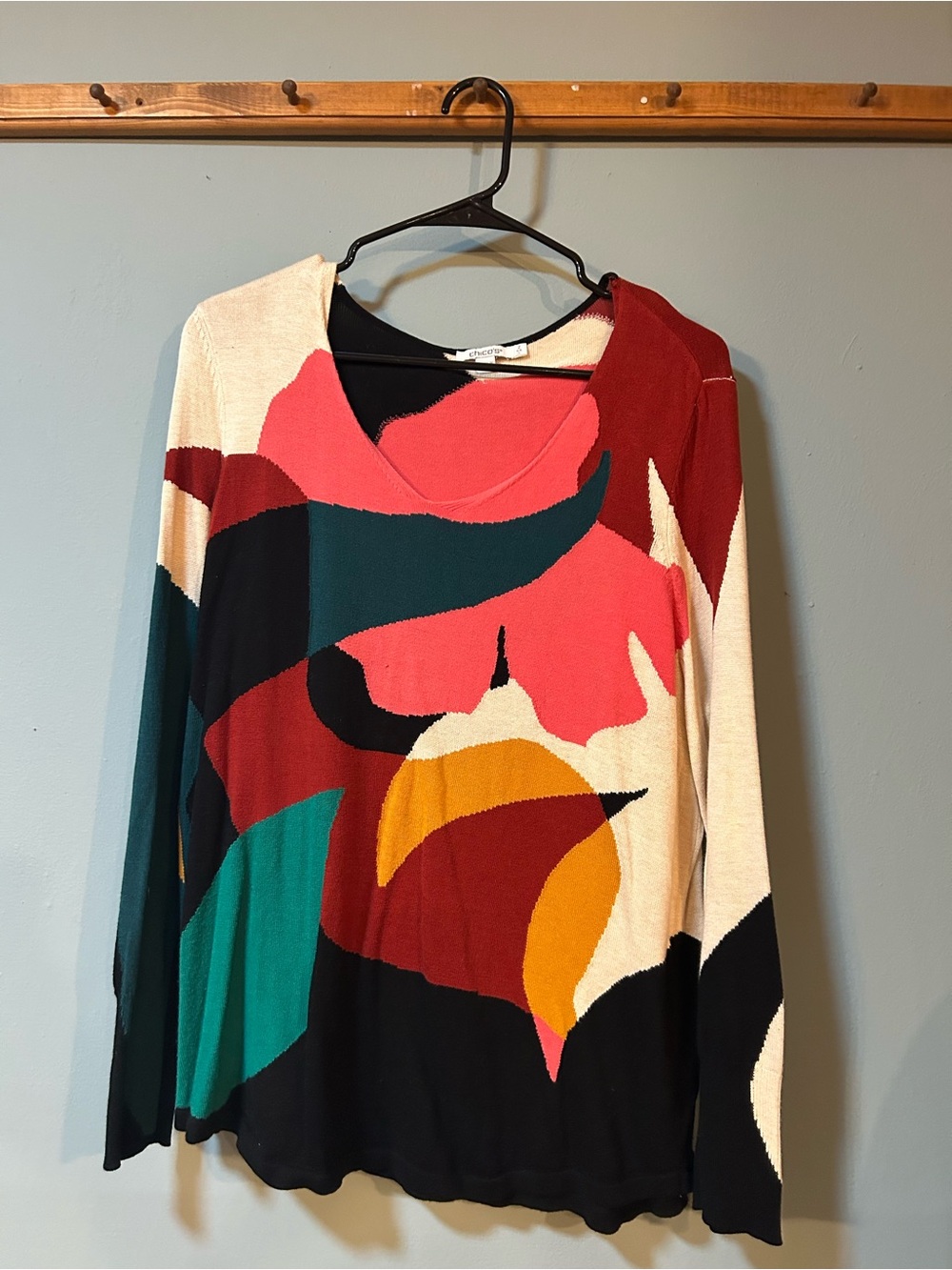Chico's Multicolor Abstract V-Neck Sweater - Coral, Teal, Mustard, Black, Cream
